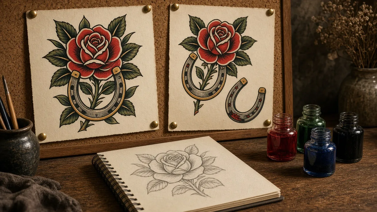 Traditional rose and horseshoe flash sheets pinned to a corkboard beside small ink bottles and a sketchbook